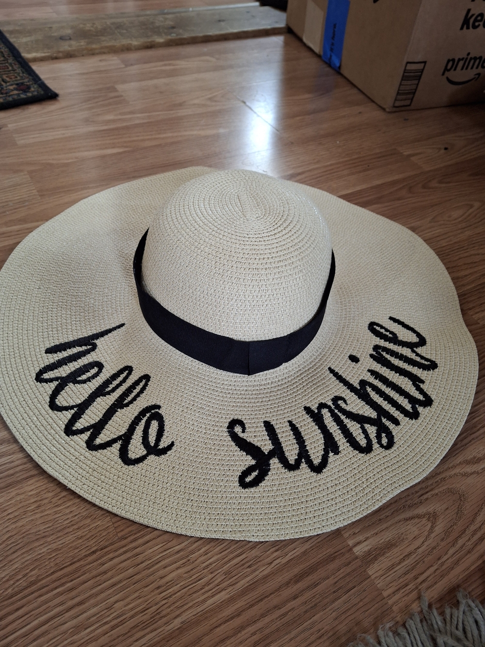Straw Sun Hat with 'Hello Sunshine' Embroidery and Black Band